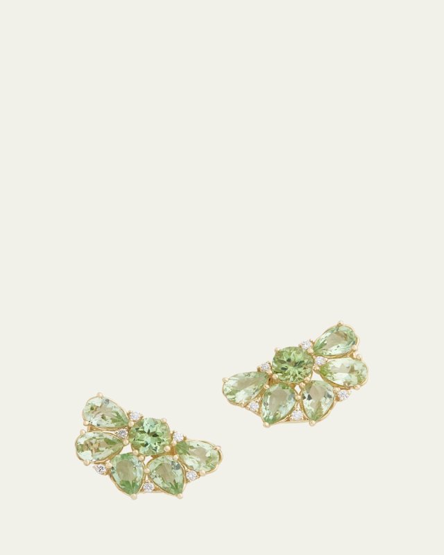 18K Yellow Gold Floral Cluster Stud Earrings with Green Tourmaline and Diamonds